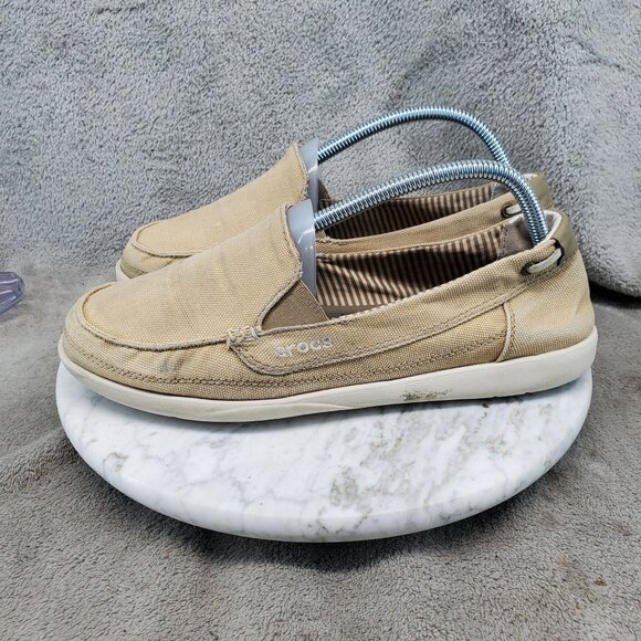 Crocs Shoes Womens Size 10 Tan Canvas Santa Cruz Slip On Loafer *Read* - Picture 1 of 14